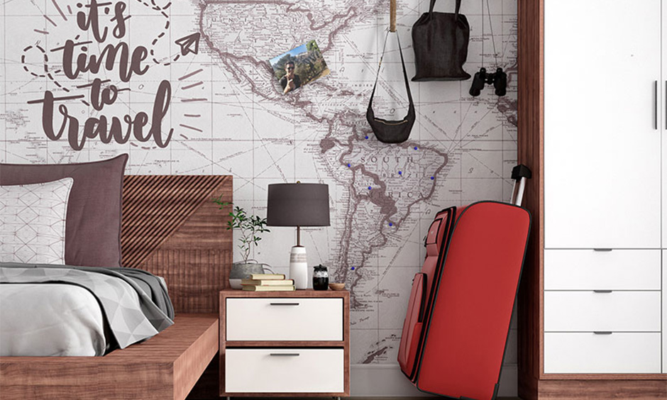 Travel bedroom decor on wall with a world map to accessorise with photos and to-do lists