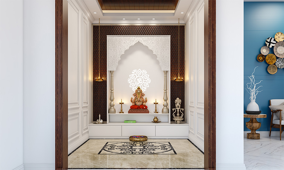 An all-white puja room colour as per vastu ambience brings all the positive vibes