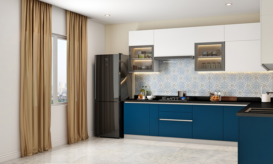 Biscuit and blue kitchen curtain idea