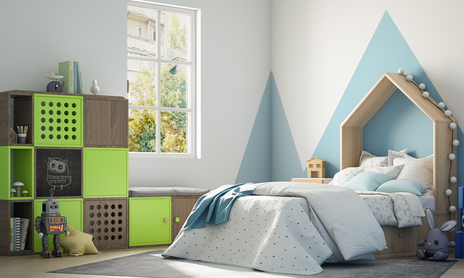 Compact storage organizer with open shelves for kids bedroom