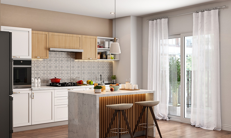 Kitchen door curtains in white colour gives spacious illusion