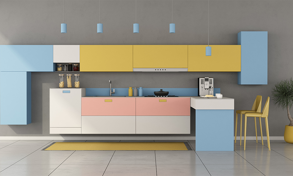 Light blue and yellow kitchen decor idea with modular cabinetry system