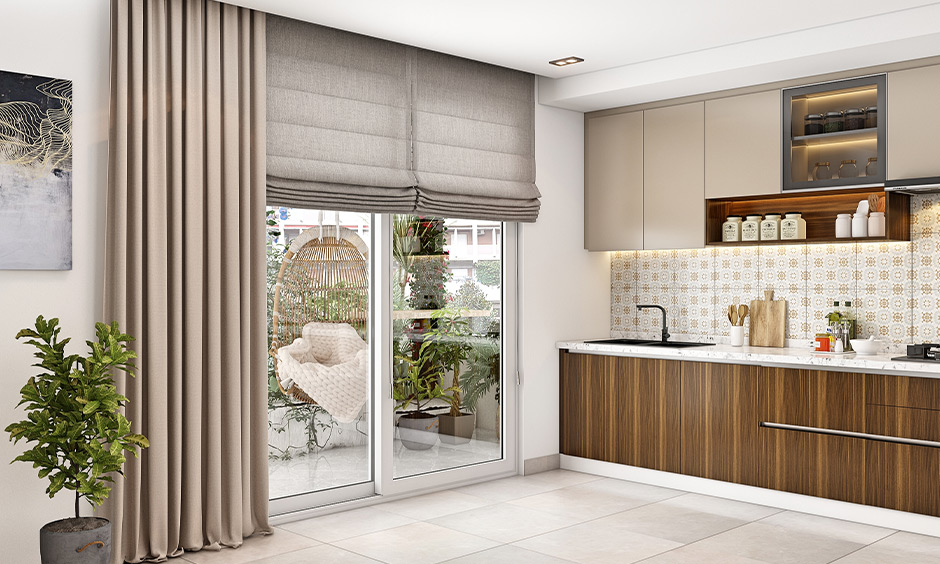 floor-to-ceiling pale muted cranberry-coloured kitchen curtains