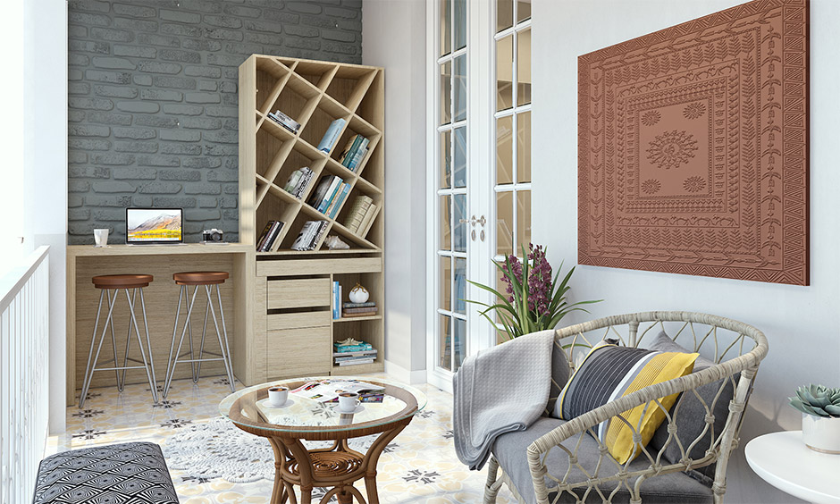 Traditional Indian home decor, balcony features terracotta pots and wall hanging lends classic Indian vibe