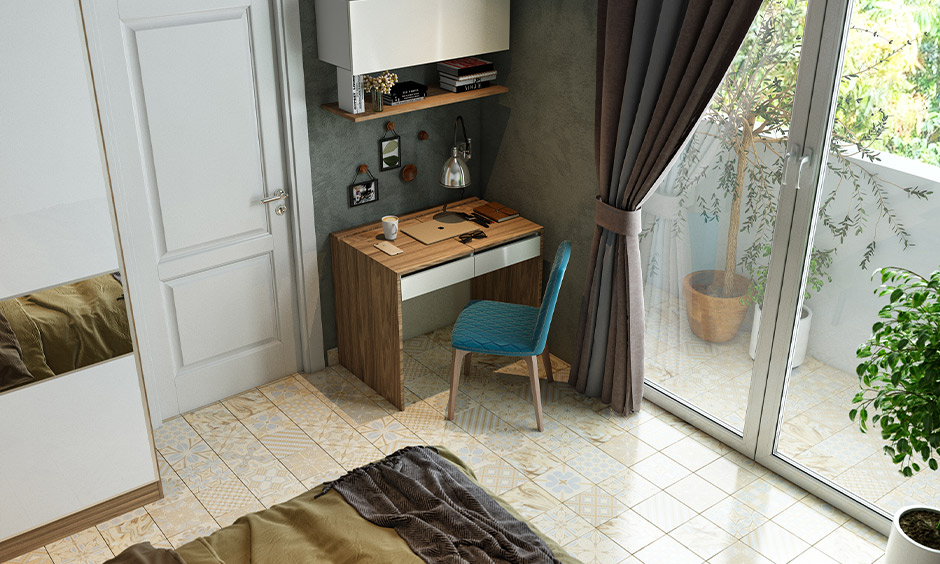A small industrial style home office with floating shelf