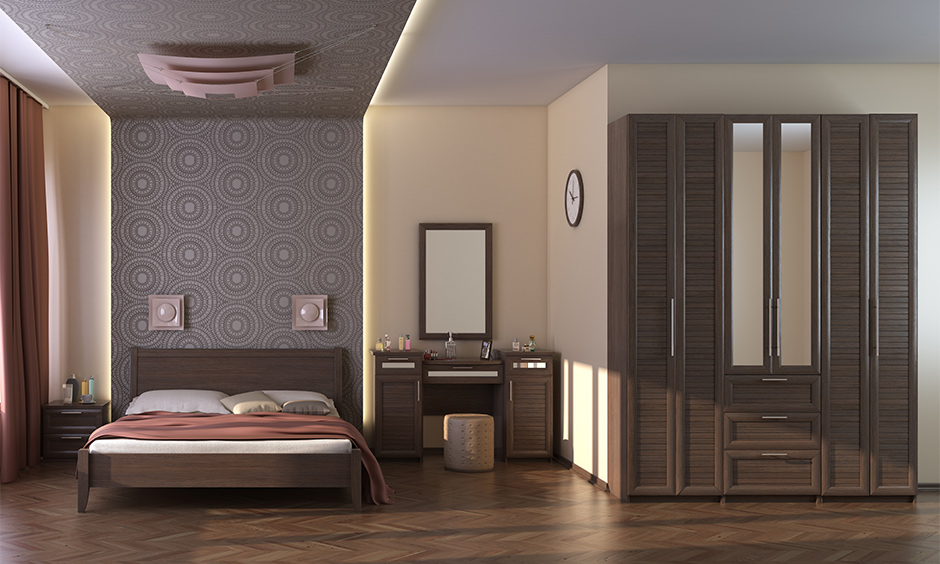 Plywood wardrobe with angled shutter doors design in the bedroom gives vintage charm