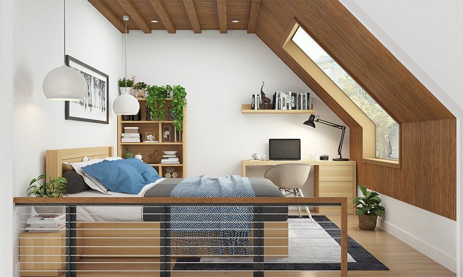 Single wooden shelf for a loft bedroom study unit