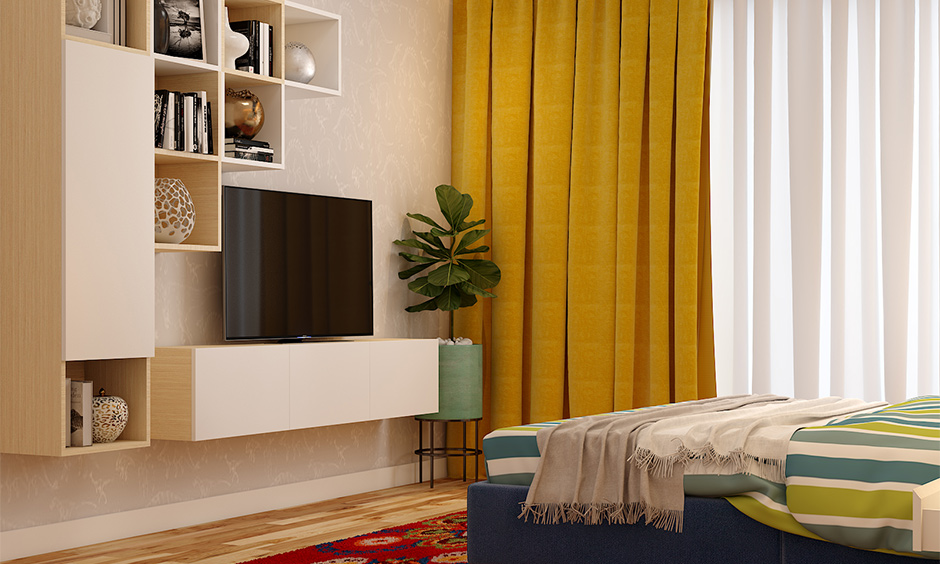 TV unit with decorative wall shelves for bedroom