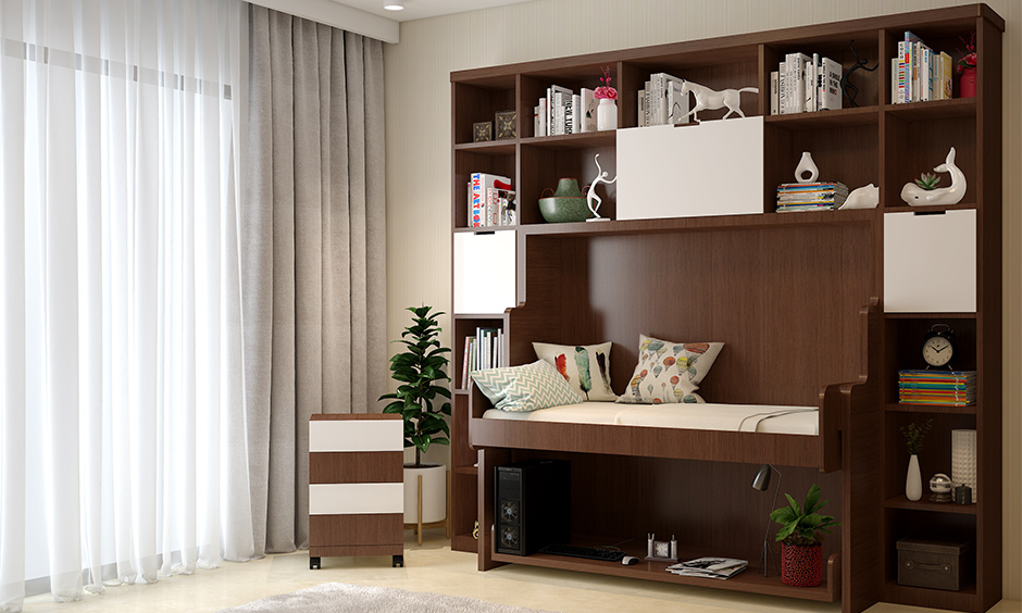 Double duty wooden book almirah for refreshing vibe