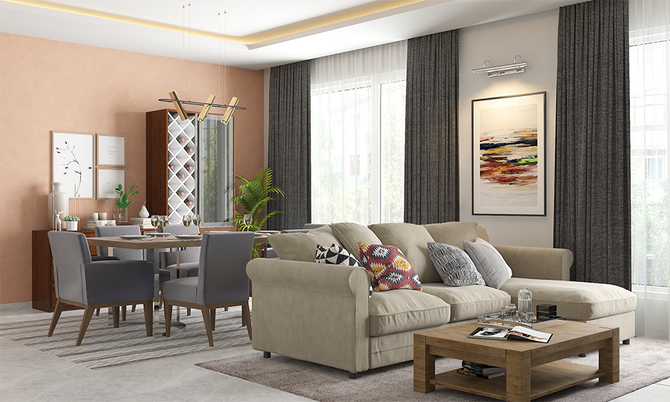 Hidden bar cabinet with a sliding shutter is smart space-saving feature