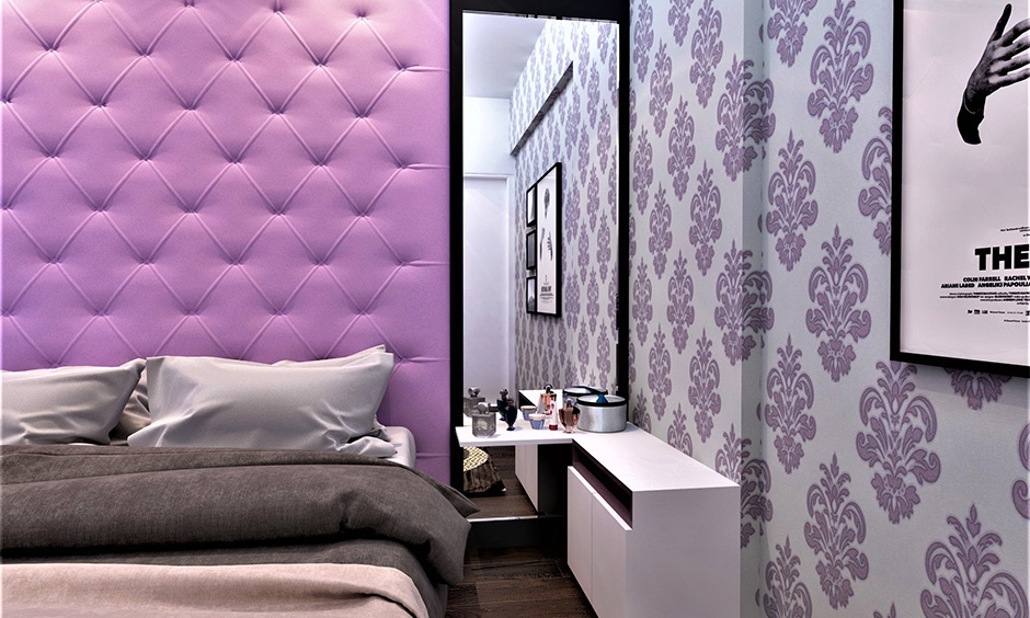 Modern bedroom dressing table in l-shaped design with a full-length mirror