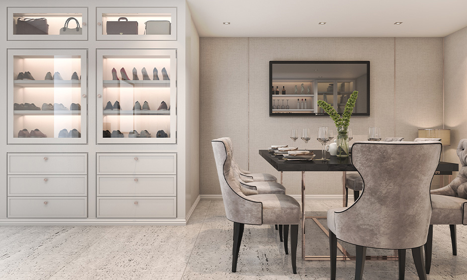 Showcase cum shoe storage cabinet with glass doors and pull-out drawers