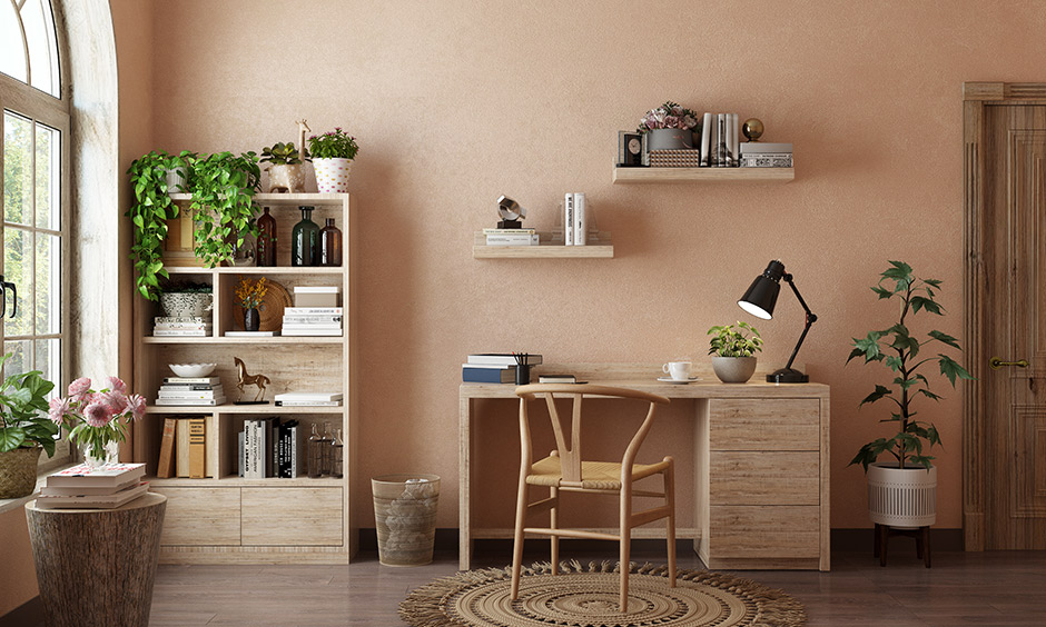 A wabi-sabi interior with a wooden study table and chair is ideal for a study or work area