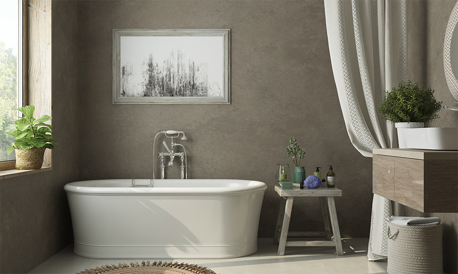 Wabi-sabi interior bathroom in minimal design elements with textured brown colour gives authentically faded look