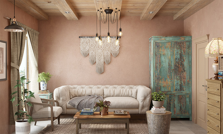 Wabi-sabi interior living room with old and rustic furniture brings an earthy vibe