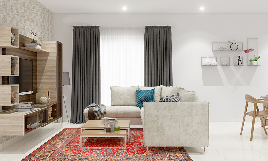 A vintage living room rug in textures and prints brings a nostalgic vibe to the space