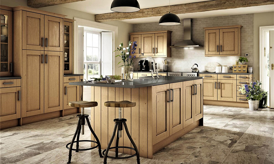 Different types of modular kitchen cabinets materials made of natural wood bring a rustic feel 