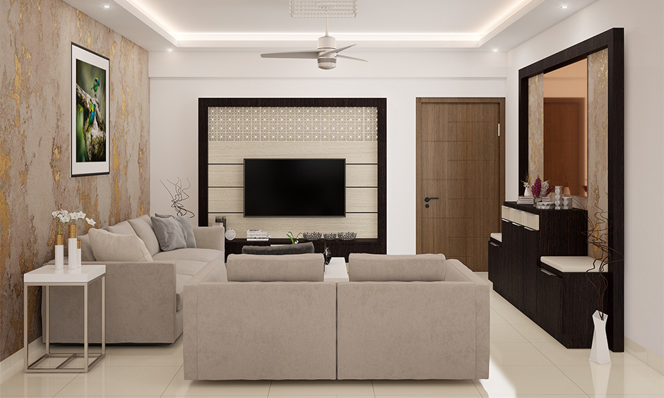 An elegant living room showcasing a console table at the entryway, ideal for a small area