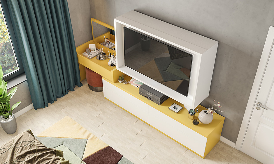 Study cum-flip top vanity table in yellow laminate with a built-in mirror