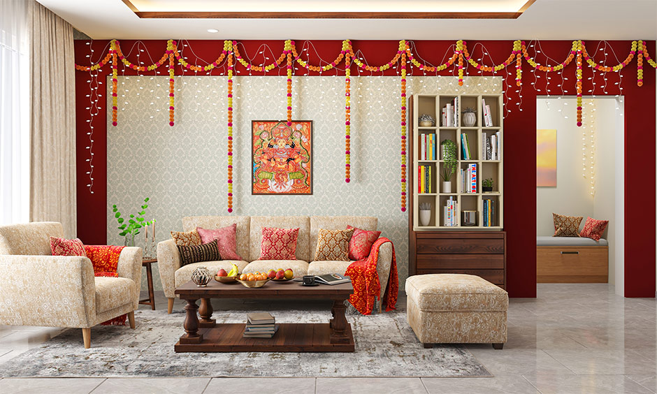 Varalakshmi decoration ideas for your living room with wall art of Goddess Lakshmi