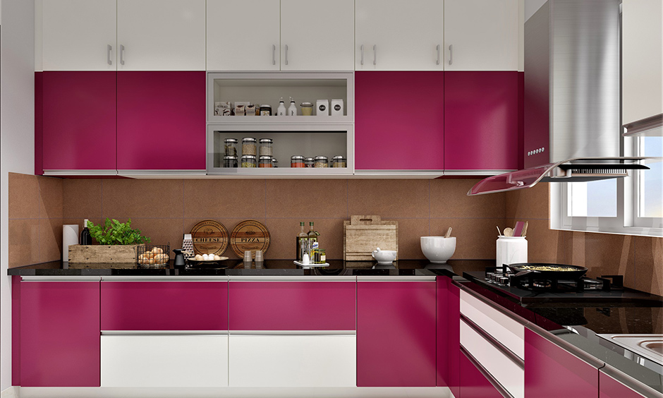 Pink color kitchen design in l-shaped for large families