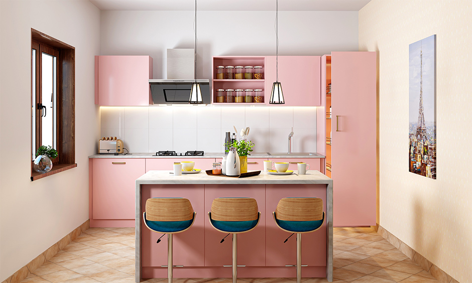 Straight pink kitchen design with kitchen island
