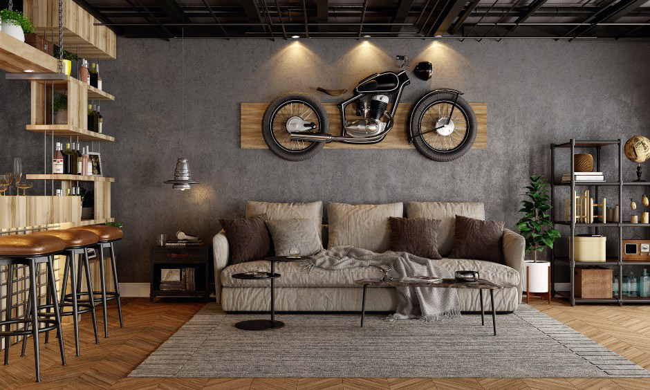 Industrial style light fixtures with industrial decor elements galvanize the living room