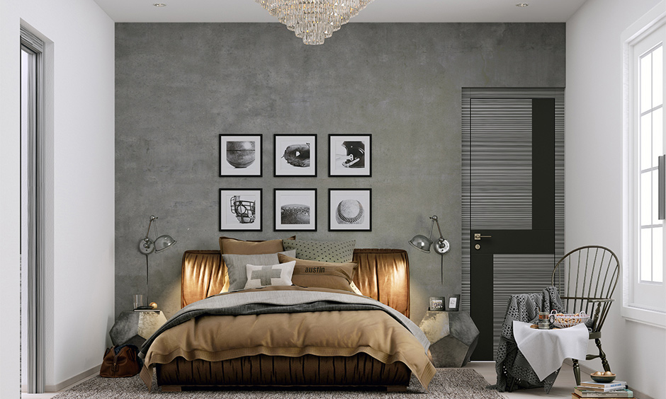 Sconces industrial wall lights in steel grey metal illuminating the bedside