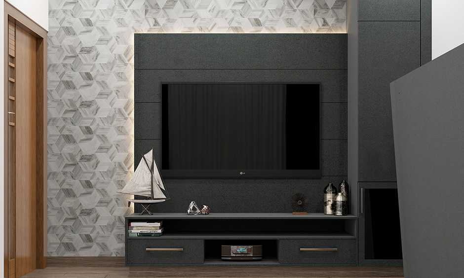 Corner l shaped tv wall unit design for bedroom with vertical storage shelf