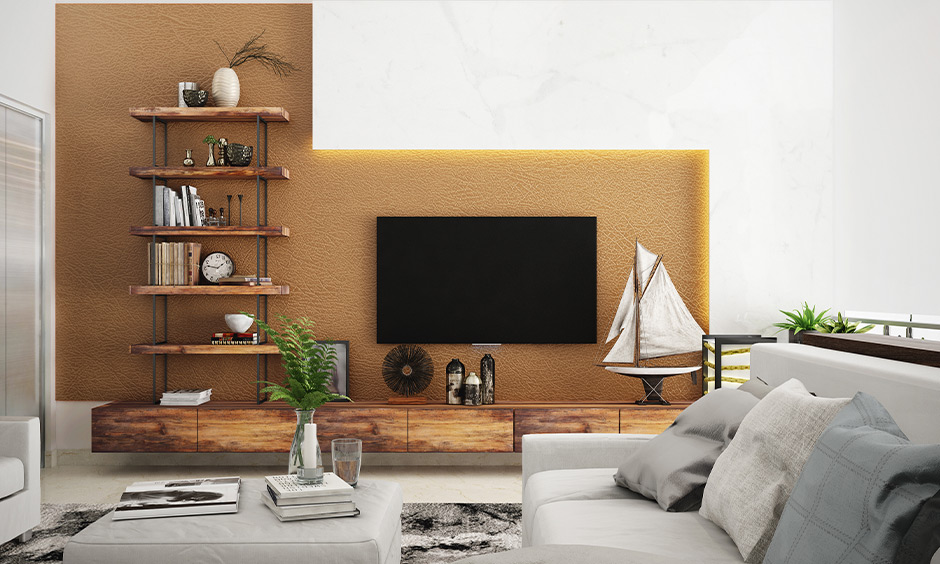Wooden l-sahped tv unit design with exposed shelves