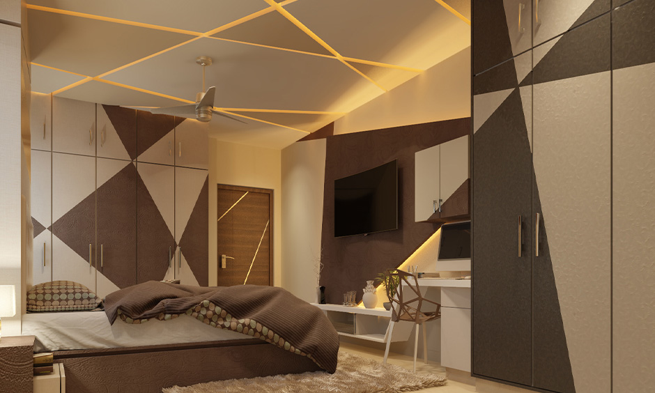 Bedroom false ceiling color combination with beige and grey