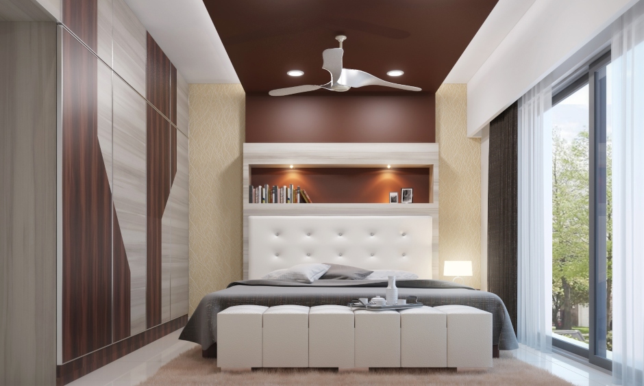 Chocolaty false ceiling colour for bedroom blends well with the beige and white accent wall
