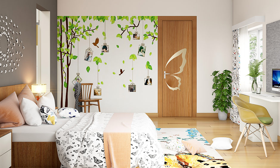 Bohemian bedroom design that have green photo wall paper