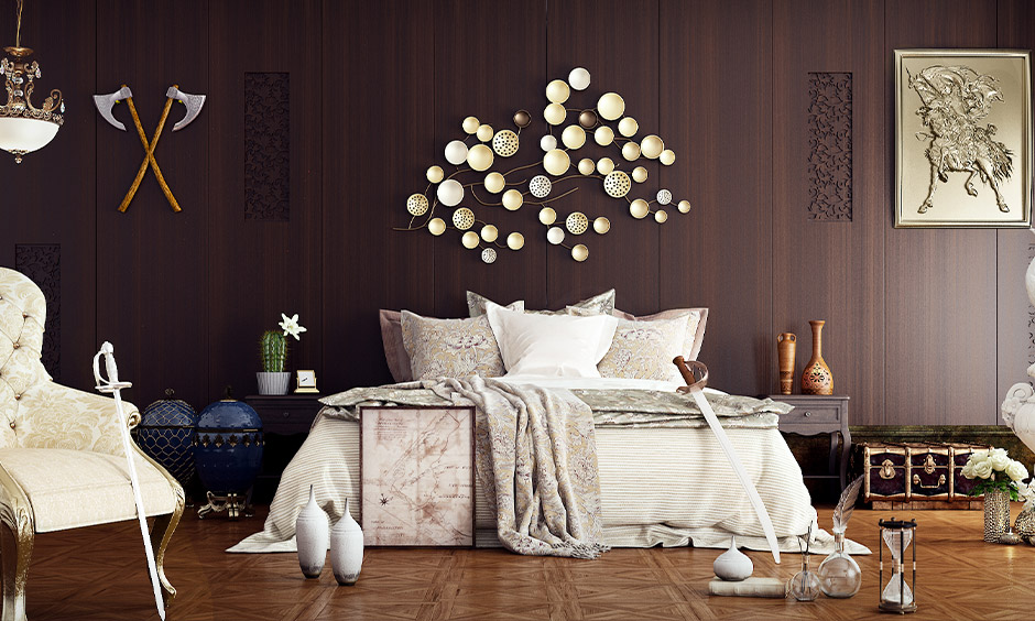 Vintage shabby chic style bedroom with wood-accented wall decor uplifts the mood