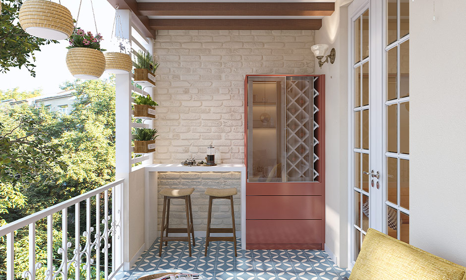 Balcony bar design with high seating for a modern rustic look