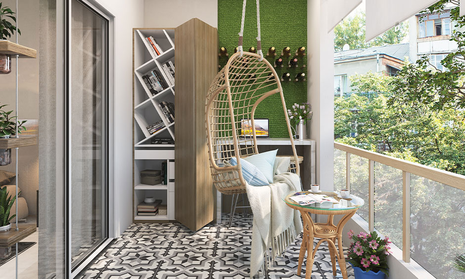 Apartment Balcony bar design with open wine rack for nature lovers