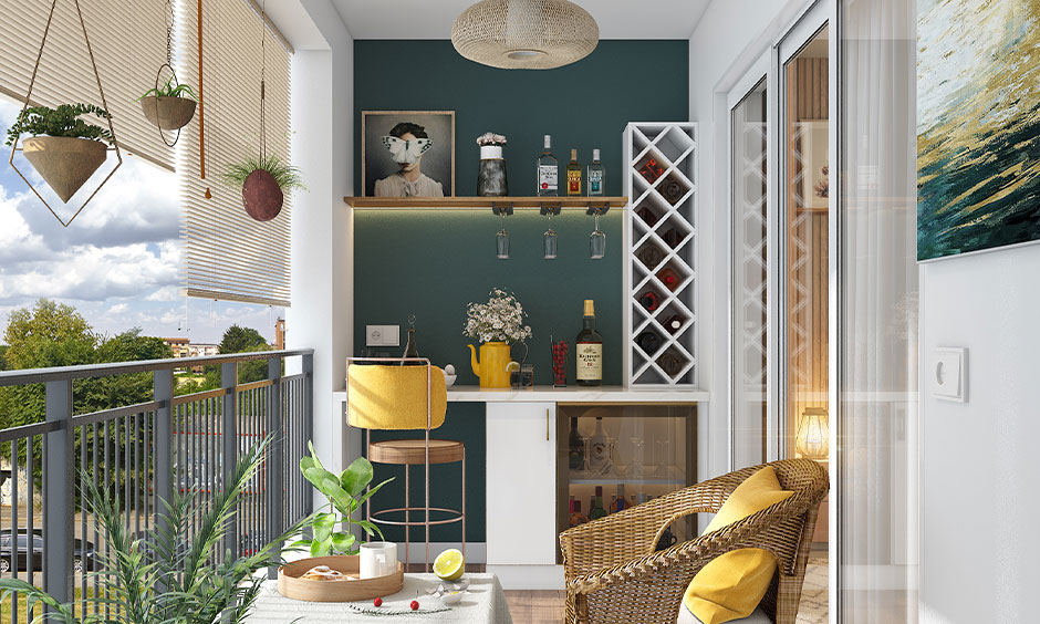 Balcony mini bar with a floating shelf for a limited space
