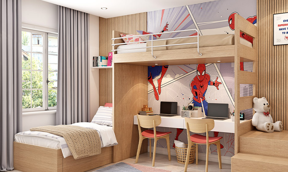 Bunk bed for kids with study table and Spiderman wallpaper