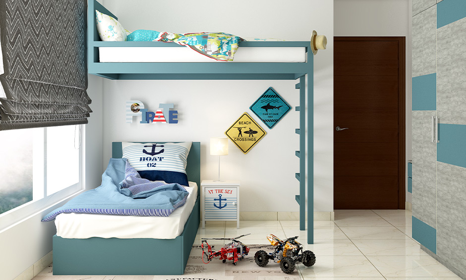 Bunk beds for adults with storage placed in front of eye catching wall art