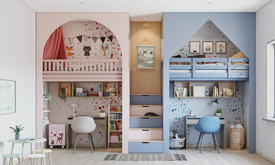 Loft bunk bed for kids with study table underneath it, coloured in pink and blue.