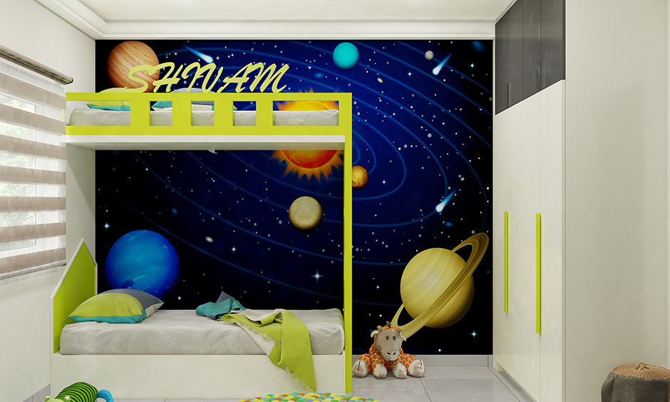 Colourful kids bunk beds with storage to create a funky space