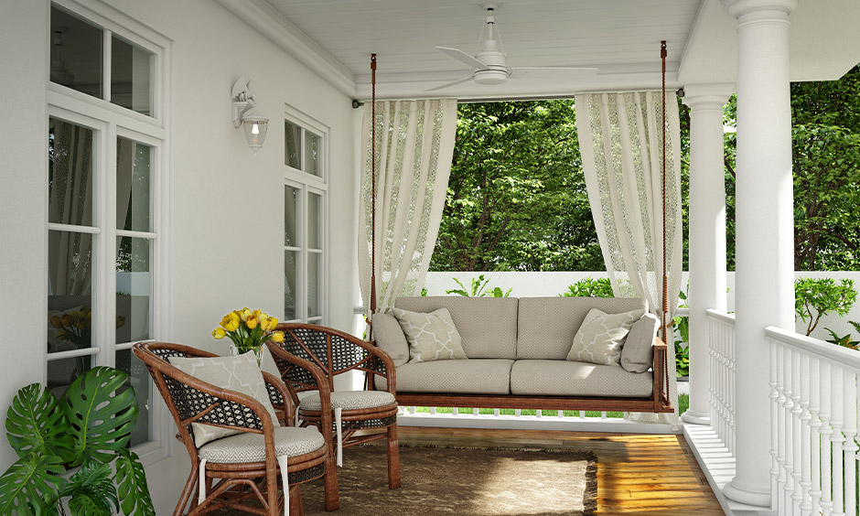 This wooden sofa swing for home can be great for both indoors and outdoors. The solid wood comes with thick cushions and bolster pillows-letting you comfortably sit for hours. It has a minimalistic appeal that makes it great for modern home interiors. You can also set this wooden swing in your reading area and throw a comforter to create a cosy setup.