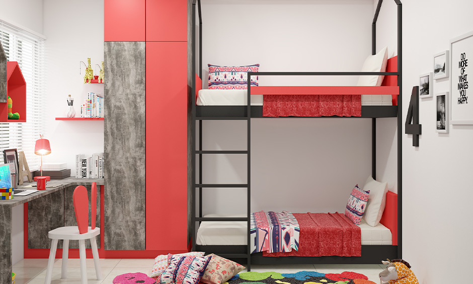 Corner bunk beds with storage in vibrant colours