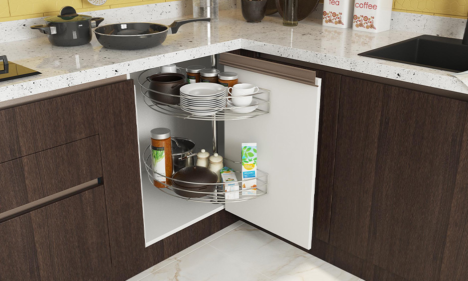 Corner storage unit for a small kitchen with a d-carousal is ideal for dead spice