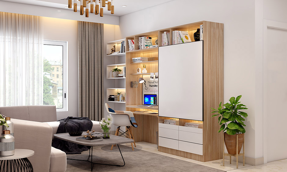 European-style house interior in India with study cum tv unit