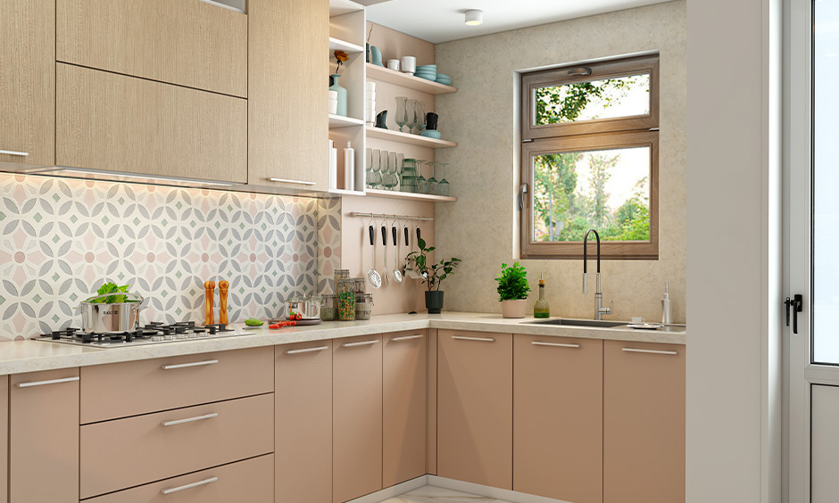 Floating shelves in a small kitchen create additional storage space for hanging mugs or utensils