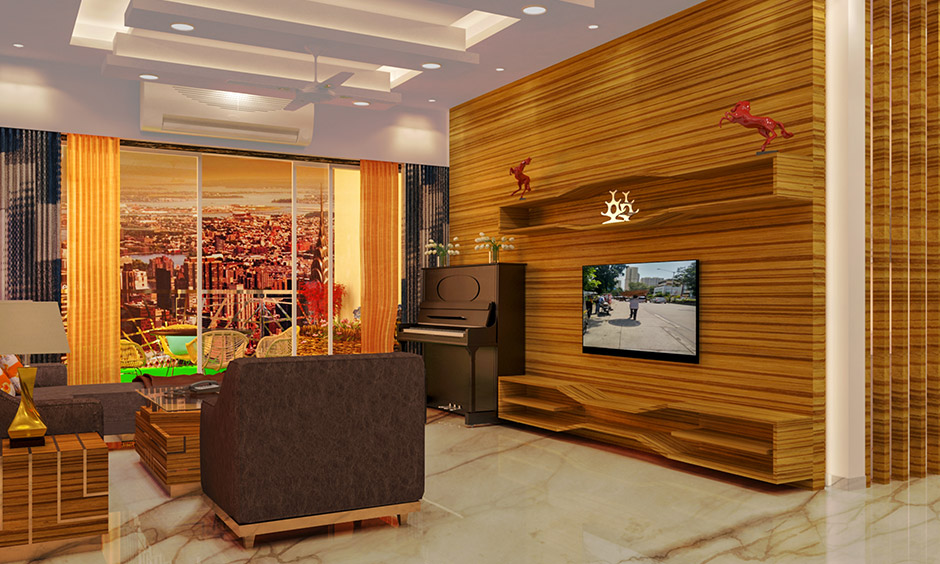 Uniquely-designed gypsum board ceiling design softens the vibrant wooden look of the living room