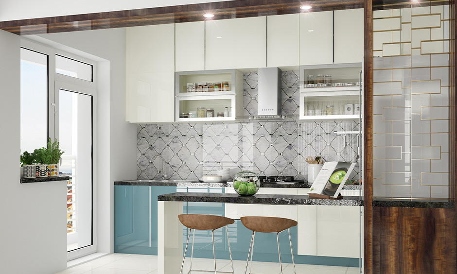 L shaped smart kitchen cabinet design that provides a cohesive look