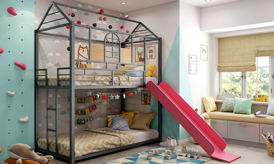 Metal bunk bed for kids that doubles the fun with a slide