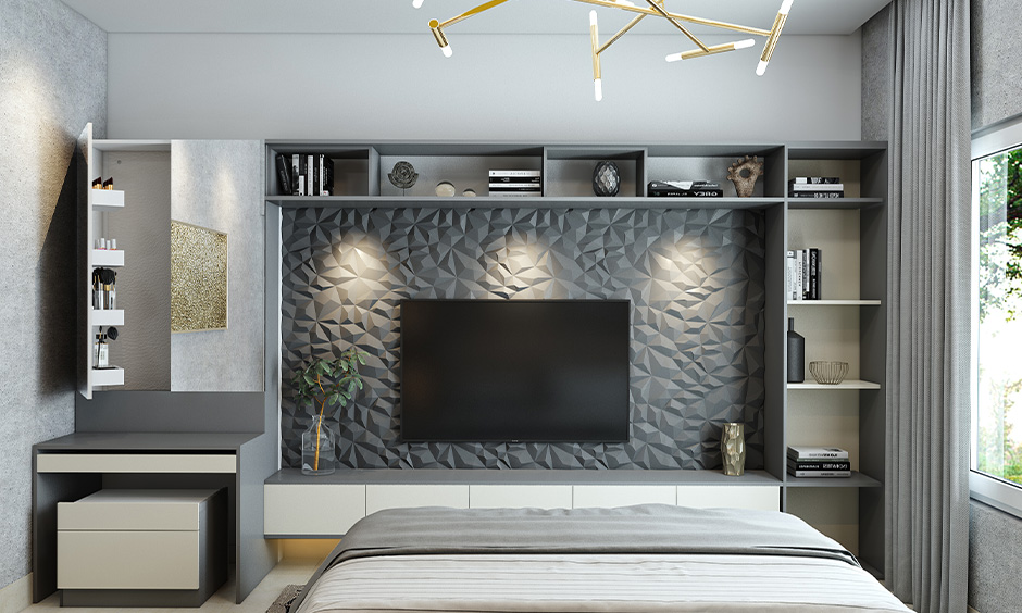 Bedroom with abstract 3d wall tiles for an entertainment unit transforms your space into a bold and modern heaven